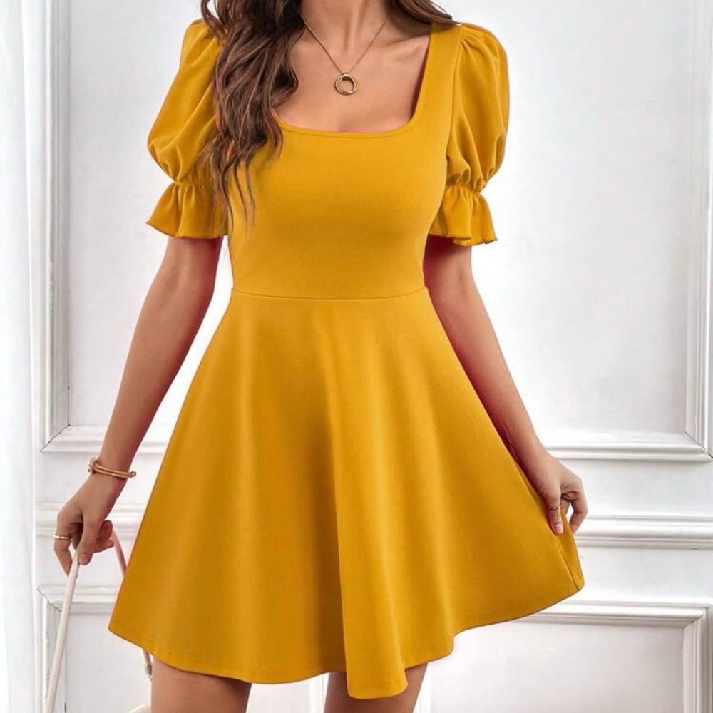Square Neck Puff Sleeve Fit & Flare Dress - Mustard Yellow